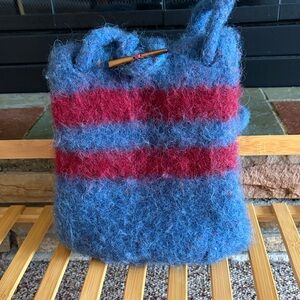 Handcrafted Blue and Red Striped Felted Wool Tote Bag